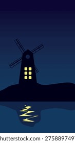 Vector Night Windmill Landscape Minimalist Silhouette with Moon Reflection on Water Illustration