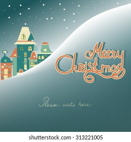 Vector night winter cityscape with snow and houses