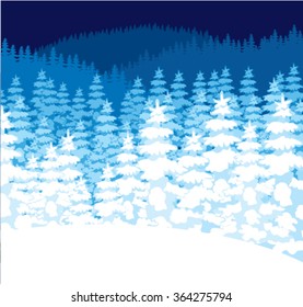 Vector night winter forest of pine trees on mountains