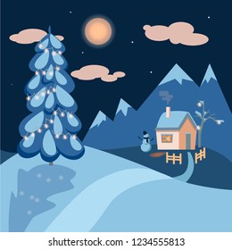 Vector night winter landscape with Christmas tree, house and mountain background. eps10