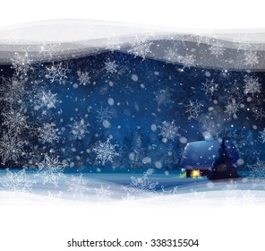 Vector night winter landscape with house and forest background, Christmas card.