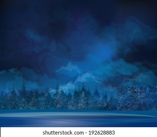 Vector Night  Winter Scene, Sky And Forest Background.
