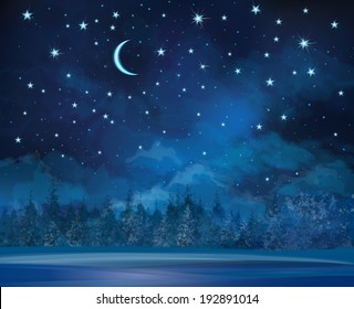 Vector Night Winter Scene, Sky And Forest Background.