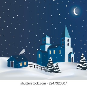 Vector night winter snowy countryside illustration