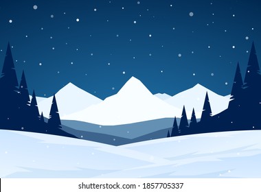 Vector Night Winter snowy Mountains landscape with hills and  pines.