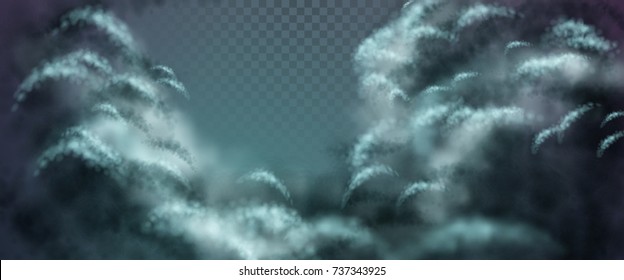 Vector nightly dramatic blue landscape with cumulus transparent clouds