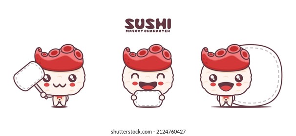 Vector nigiri sushi with octopus tentacles, japanese traditional food, with blank board banner, isolated on a white background.