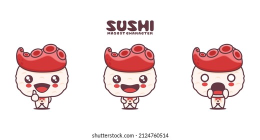 Vector nigiri sushi with octopus tentacles, japanese traditional food, with different expressions, isolated on a white background.