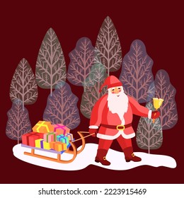 Vector - Nikolaus in the forest with  slade and gift parcels, illustration.