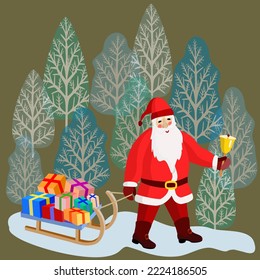 Vector - Nikolaus in the forest with  slade and gift parcels, illustration.