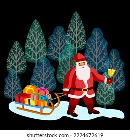 Vector - Nikolaus in the forest with  slade and gift parcels, illustration.