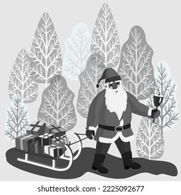 Vector - Nikolaus in the forest with  slade and gift parcels, illustration.