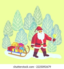 Vector - Nikolaus in the forest with  slade and gift parcels, illustration.