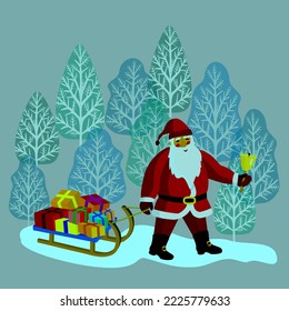 Vector - Nikolaus in the forest with  slade and gift parcels, illustration.