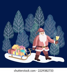 Vector - Nikolaus in the forest with  slade and gift parcels, illustration.