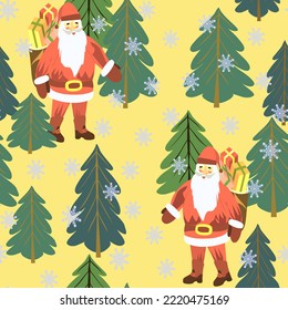 Vector - Nikolaus in the forest, and snowflakes seamless pattern. 
