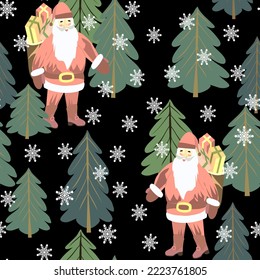 Vector - Nikolaus in the forest, and snowflakes seamless pattern. 
