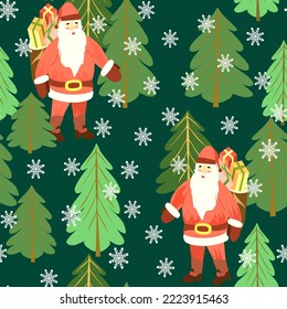 Vector - Nikolaus in the forest, and snowflakes seamless pattern. 
