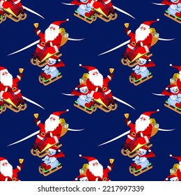 Vector - Nikolaus and snowman on slades  seamless pattern.