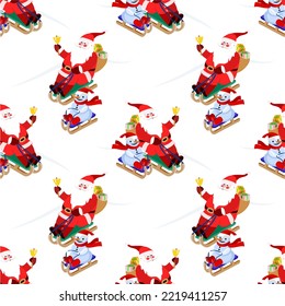 Vector - Nikolaus and snowman on slades  seamless pattern.
