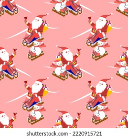 Vector - Nikolaus and snowman on slades  seamless pattern.
