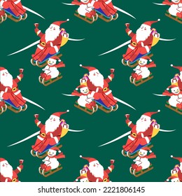 Vector - Nikolaus and snowman on slades  seamless pattern.
