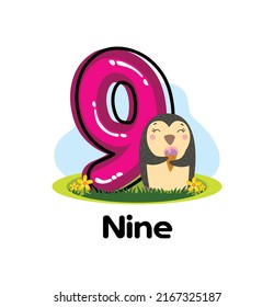 Vector of Nine Cartoon typography design with animal clipart. Preschool math page number of 9 clipart design for counting, learning, writing, teaching of using kids page. Nine vector isolated design.
