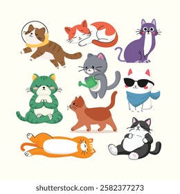 Vector of Nine Cute Cats with Colorful Fur, Adorable Furry Pets in Cartoon Style, Charming Kitten Illustration