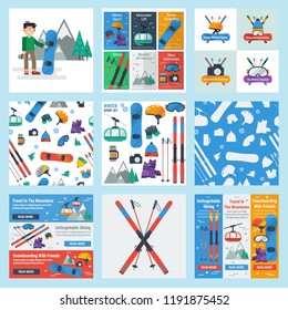 Vector nine flat colored square banners of winter and sport activity. Vertical and horizontal banners, seamles patterns, isolated icons, logo or badge template and snowboarder concept
