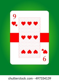 Vector of nine of hearts. Playing card. Poker card. Isolated on green background.