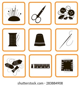 vector nine icons different adaptations for sewing and an embroidery