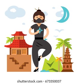 Vector Ninja Girl. Flat style colorful Cartoon illustration.