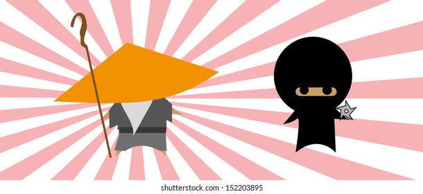 Vector ninja and oriental monk figurine