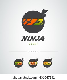 Vector ninja sushi logo icon set. Corporate identity design. Cartoon style. Funny sushi design.