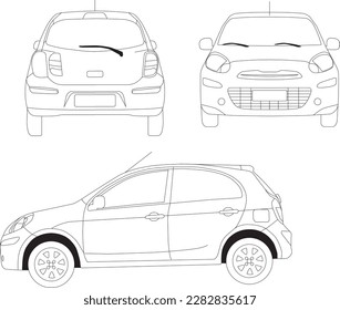 Vector nissan march line art from views side back front
