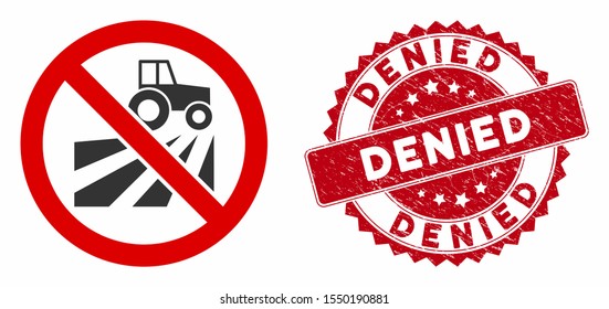 Vector no agriculture field icon and grunge round stamp seal with Denied text. Flat no agriculture field icon is isolated on a white background. Denied stamp seal uses red color and distress texture.