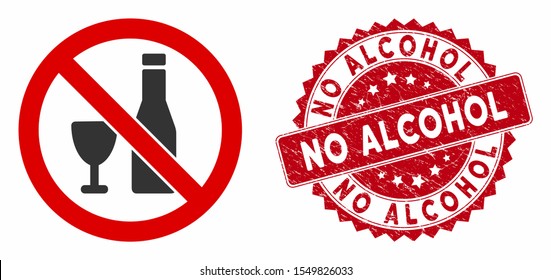 Vector no alcohol icon and rubber round stamp seal with No Alcohol phrase. Flat no alcohol icon is isolated on a white background. No Alcohol stamp seal uses red color and rubber design. svg