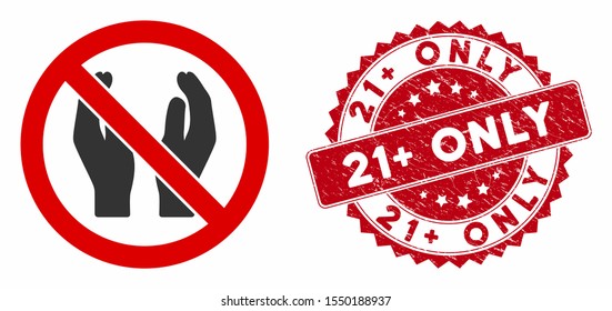 Vector no applause icon and rubber round stamp seal with 21+ Only text. Flat no applause icon is isolated on a white background. 21+ Only stamp seal uses red color and rubber texture.