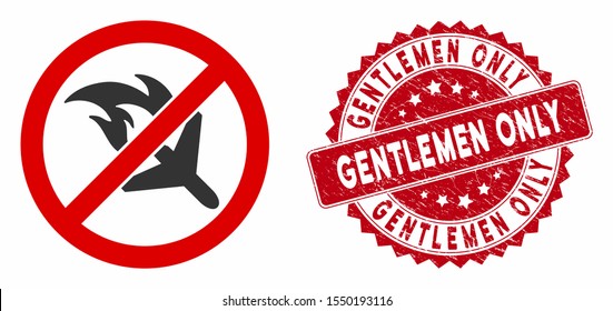 Vector no aviation accidents icon and distressed round stamp seal with Gentlemen Only phrase. Flat no aviation accidents icon is isolated on a white background.
