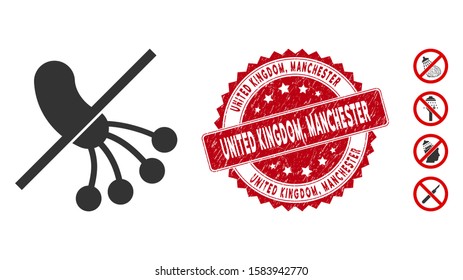 Vector no bacteria icon and grunge round stamp seal with United Kingdom, Manchester caption. Flat no bacteria icon is isolated on a white background. United Kingdom,