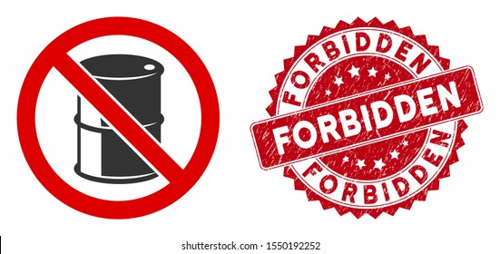 Vector no barrel icon and corroded round stamp seal with Forbidden text. Flat no barrel icon is isolated on a white background. Forbidden stamp seal uses red color and scratched design.