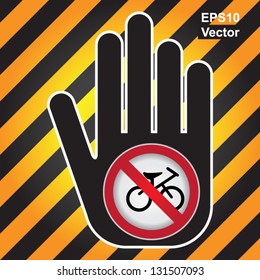 Vector : No Bicycle Prohibited Sign Present By Hand With No Bicycle Sign Inside in Caution Zone Dark and Yellow Background