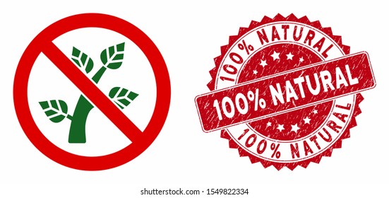 Vector no botany icon and rubber round stamp seal with 100% Natural phrase. Flat no botany icon is isolated on a white background. 100% Natural stamp uses red color and rubber surface.