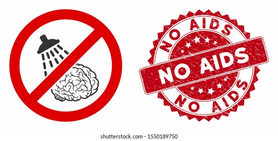 Vector no brain washing icon and distressed round stamp seal with No AIDS phrase. Flat no brain washing icon is isolated on a white background. No AIDS stamp seal uses red color and rubber surface.