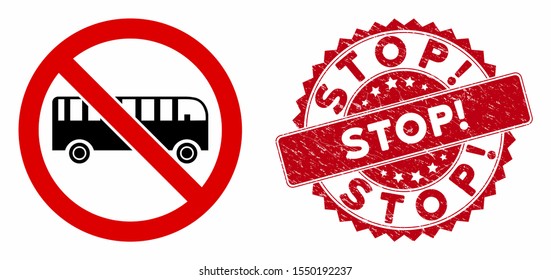 Vector no bus icon and grunge round stamp watermark with Stop! caption. Flat no bus icon is isolated on a white background. Stop! stamp uses red color and grunge design.