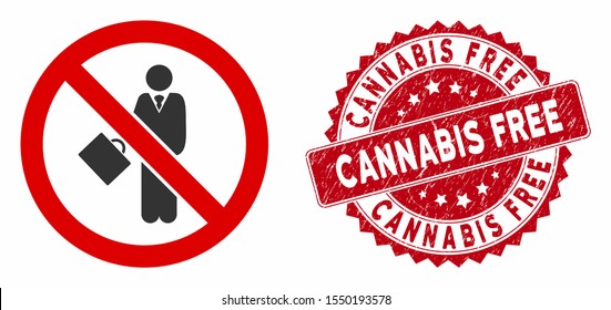 Vector no businessman icon and distressed round stamp seal with Cannabis Free text. Flat no businessman icon is isolated on a white background.