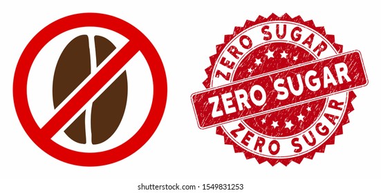 Vector no caffeine icon and corroded round stamp seal with Zero Sugar phrase. Flat no caffeine icon is isolated on a white background. Zero Sugar stamp seal uses red color and grunged texture.