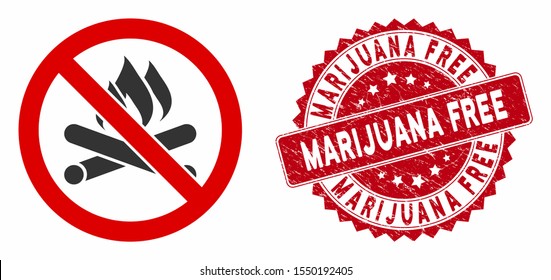 Vector sin icono de fogata y sello de goma circular con frase libre de marihuana. El icono de "Plano sin fogata" está aislado en un fondo blanco. Marihuana El sello Free usa color rojo y superficie rayada.