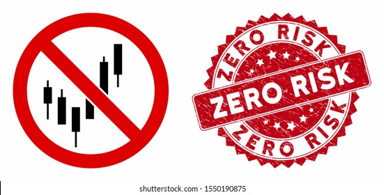 Vector no candlestick chart icon and rubber round stamp seal with Zero Risk text. Flat no candlestick chart icon is isolated on a white background.