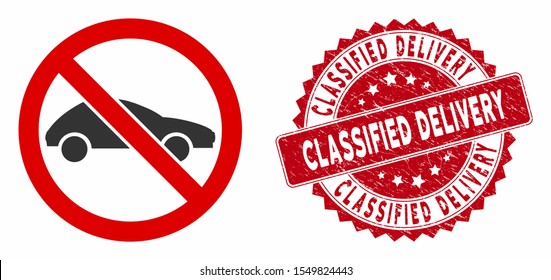 Vector no car icon and distressed round stamp seal with Classified Delivery caption. Flat no car icon is isolated on a white background.